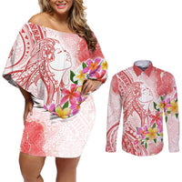 Polynesian Women's Day Wahine Couples Matching Off Shoulder Short Dress and Long Sleeve Button Shirt Plumeria Marble Glaze - Pink LT7 Pink - Polynesian Pride
