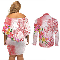Polynesian Women's Day Wahine Couples Matching Off Shoulder Short Dress and Long Sleeve Button Shirt Plumeria Marble Glaze - Pink LT7 - Polynesian Pride