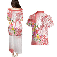 Polynesian Women's Day Wahine Couples Matching Puletasi and Hawaiian Shirt Plumeria Marble Glaze - Pink LT7 - Polynesian Pride