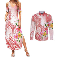 Polynesian Women's Day Wahine Couples Matching Summer Maxi Dress and Long Sleeve Button Shirt Plumeria Marble Glaze - Pink LT7 Pink - Polynesian Pride