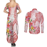 Polynesian Women's Day Wahine Couples Matching Summer Maxi Dress and Long Sleeve Button Shirt Plumeria Marble Glaze - Pink LT7 - Polynesian Pride