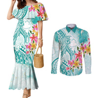 Polynesian Women's Day Wahine Couples Matching Mermaid Dress and Long Sleeve Button Shirt Plumeria Marble Glaze - Teal LT7 Teal - Polynesian Pride