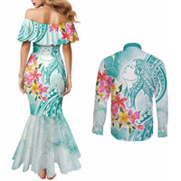 Polynesian Women's Day Wahine Couples Matching Mermaid Dress and Long Sleeve Button Shirt Plumeria Marble Glaze - Teal LT7 - Polynesian Pride