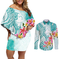 Polynesian Women's Day Wahine Couples Matching Off Shoulder Short Dress and Long Sleeve Button Shirt Plumeria Marble Glaze - Teal LT7 Teal - Polynesian Pride