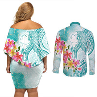 Polynesian Women's Day Wahine Couples Matching Off Shoulder Short Dress and Long Sleeve Button Shirt Plumeria Marble Glaze - Teal LT7 - Polynesian Pride