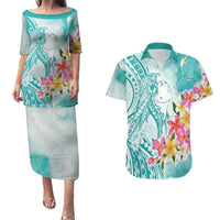 Polynesian Women's Day Wahine Couples Matching Puletasi and Hawaiian Shirt Plumeria Marble Glaze - Teal LT7 Teal - Polynesian Pride