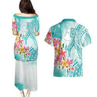 Polynesian Women's Day Wahine Couples Matching Puletasi and Hawaiian Shirt Plumeria Marble Glaze - Teal LT7 - Polynesian Pride