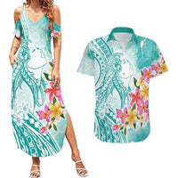 Polynesian Women's Day Wahine Couples Matching Summer Maxi Dress and Hawaiian Shirt Plumeria Marble Glaze - Teal LT7 Teal - Polynesian Pride