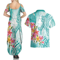 Polynesian Women's Day Wahine Couples Matching Summer Maxi Dress and Hawaiian Shirt Plumeria Marble Glaze - Teal LT7 - Polynesian Pride