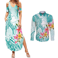Polynesian Women's Day Wahine Couples Matching Summer Maxi Dress and Long Sleeve Button Shirt Plumeria Marble Glaze - Teal LT7 Teal - Polynesian Pride
