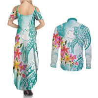 Polynesian Women's Day Wahine Couples Matching Summer Maxi Dress and Long Sleeve Button Shirt Plumeria Marble Glaze - Teal LT7 - Polynesian Pride