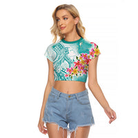 Polynesian Women's Day Wahine Raglan Cropped T Shirt Plumeria Marble Glaze - Teal LT7 Female Teal - Polynesian Pride