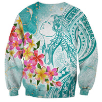 Polynesian Women's Day Wahine Sweatshirt Plumeria Marble Glaze - Teal LT7 - Polynesian Pride