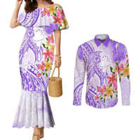Polynesian Women's Day Wahine Couples Matching Mermaid Dress and Long Sleeve Button Shirt Plumeria Marble Glaze - Purple LT7 Purple - Polynesian Pride