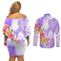 Polynesian Women's Day Wahine Couples Matching Off Shoulder Short Dress and Long Sleeve Button Shirt Plumeria Marble Glaze - Purple LT7 - Polynesian Pride