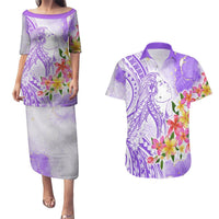 Polynesian Women's Day Wahine Couples Matching Puletasi and Hawaiian Shirt Plumeria Marble Glaze - Purple LT7 Purple - Polynesian Pride