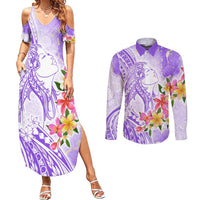 Polynesian Women's Day Wahine Couples Matching Summer Maxi Dress and Long Sleeve Button Shirt Plumeria Marble Glaze - Purple LT7 Purple - Polynesian Pride