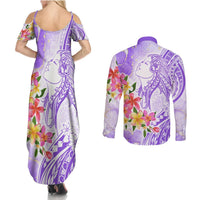Polynesian Women's Day Wahine Couples Matching Summer Maxi Dress and Long Sleeve Button Shirt Plumeria Marble Glaze - Purple LT7 - Polynesian Pride