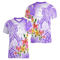 Polynesian Women's Day Wahine Women V Neck T Shirt Plumeria Marble Glaze - Purple LT7 - Polynesian Pride