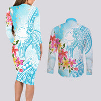 Polynesian Women's Day Wahine Couples Matching Long Sleeve Bodycon Dress and Long Sleeve Button Shirt Plumeria Marble Glaze - Turquoise LT7 - Polynesian Pride
