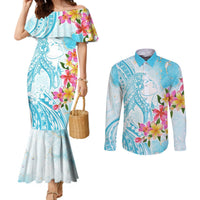 Polynesian Women's Day Wahine Couples Matching Mermaid Dress and Long Sleeve Button Shirt Plumeria Marble Glaze - Turquoise LT7 Turquoise - Polynesian Pride