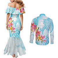 Polynesian Women's Day Wahine Couples Matching Mermaid Dress and Long Sleeve Button Shirt Plumeria Marble Glaze - Turquoise LT7 - Polynesian Pride