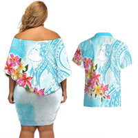 Polynesian Women's Day Wahine Couples Matching Off Shoulder Short Dress and Hawaiian Shirt Plumeria Marble Glaze - Turquoise LT7 - Polynesian Pride