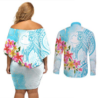Polynesian Women's Day Wahine Couples Matching Off Shoulder Short Dress and Long Sleeve Button Shirt Plumeria Marble Glaze - Turquoise LT7 - Polynesian Pride