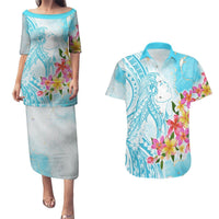 Polynesian Women's Day Wahine Couples Matching Puletasi and Hawaiian Shirt Plumeria Marble Glaze - Turquoise LT7 Turquoise - Polynesian Pride