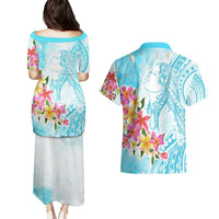 Polynesian Women's Day Wahine Couples Matching Puletasi and Hawaiian Shirt Plumeria Marble Glaze - Turquoise LT7 - Polynesian Pride