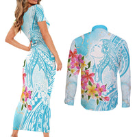 Polynesian Women's Day Wahine Couples Matching Short Sleeve Bodycon Dress and Long Sleeve Button Shirt Plumeria Marble Glaze - Turquoise LT7 - Polynesian Pride
