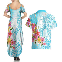 Polynesian Women's Day Wahine Couples Matching Summer Maxi Dress and Hawaiian Shirt Plumeria Marble Glaze - Turquoise LT7 - Polynesian Pride