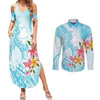 Polynesian Women's Day Wahine Couples Matching Summer Maxi Dress and Long Sleeve Button Shirt Plumeria Marble Glaze - Turquoise LT7 Turquoise - Polynesian Pride