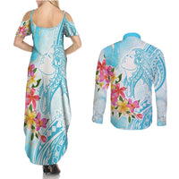 Polynesian Women's Day Wahine Couples Matching Summer Maxi Dress and Long Sleeve Button Shirt Plumeria Marble Glaze - Turquoise LT7 - Polynesian Pride