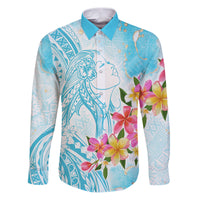 Polynesian Women's Day Wahine Family Matching Puletasi and Hawaiian Shirt Plumeria Marble Glaze - Turquoise LT7 Dad's Shirt - Long Sleeve Turquoise - Polynesian Pride