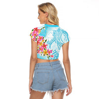 Polynesian Women's Day Wahine Raglan Cropped T Shirt Plumeria Marble Glaze - Turquoise LT7 - Polynesian Pride