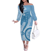 Micronesia FSM Family Matching Off The Shoulder Long Sleeve Dress and Hawaiian Shirt Shark and Manta Classic Style LT7 Mom's Dress Turquoise - Polynesian Pride