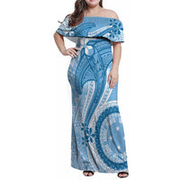 Micronesia FSM Family Matching Off Shoulder Maxi Dress and Hawaiian Shirt Shark and Manta Classic Style LT7 Mom's Dress Turquoise - Polynesian Pride