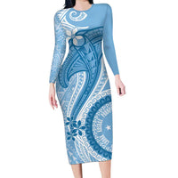 Micronesia FSM Long Sleeve Bodycon Dress Shark and Manta Classic Style LT7 Long Dress Turquoise - Polynesian Pride