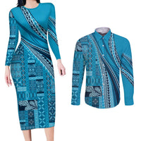 Pasifika Women's Day - Samoa Siapo Malu Tattoo Inspired Couples Matching Long Sleeve Bodycon Dress and Long Sleeve Button Shirt Turquoise