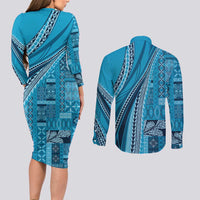 Pasifika Women's Day - Samoa Siapo Malu Tattoo Inspired Couples Matching Long Sleeve Bodycon Dress and Long Sleeve Button Shirt Turquoise