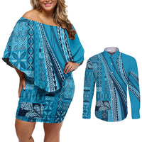 Pasifika Women's Day - Samoa Siapo Malu Tattoo Inspired Couples Matching Off Shoulder Short Dress and Long Sleeve Button Shirt Turquoise