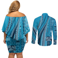 Pasifika Women's Day - Samoa Siapo Malu Tattoo Inspired Couples Matching Off Shoulder Short Dress and Long Sleeve Button Shirt Turquoise