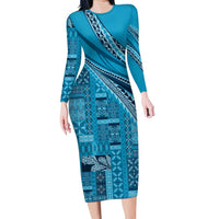 Pasifika Women's Day - Samoa Siapo Malu Tattoo Inspired Family Matching Long Sleeve Bodycon Dress and Hawaiian Shirt Turquoise LT7 Mom's Dress Turquoise - Polynesian Pride