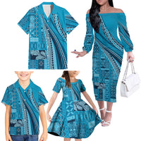 Pasifika Women's Day - Samoa Siapo Malu Tattoo Inspired Family Matching Off The Shoulder Long Sleeve Dress and Hawaiian Shirt Turquoise LT7 - Polynesian Pride