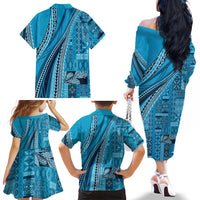 Pasifika Women's Day - Samoa Siapo Malu Tattoo Inspired Family Matching Off The Shoulder Long Sleeve Dress and Hawaiian Shirt Turquoise LT7 - Polynesian Pride