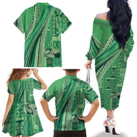 Pasifika Women's Day - Samoa Siapo Malu Tattoo Inspired Family Matching Off The Shoulder Long Sleeve Dress and Hawaiian Shirt Jade LT7 - Polynesian Pride