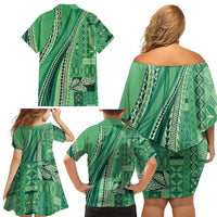 Pasifika Women's Day - Samoa Siapo Malu Tattoo Inspired Family Matching Off Shoulder Short Dress and Hawaiian Shirt Jade LT7 - Polynesian Pride