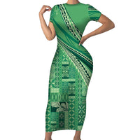 Pasifika Women's Day - Samoa Siapo Malu Tattoo Inspired Short Sleeve Bodycon Dress Jade
