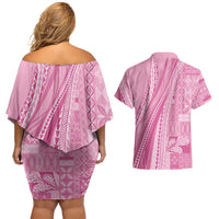 Pasifika Women's Day - Samoa Siapo Malu Tattoo Inspired Couples Matching Off Shoulder Short Dress and Hawaiian Shirt Pink